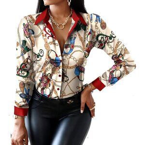 Women Cream Button Down Shirts Colorful Long Sleeve Floral Print Loose Sexy Top